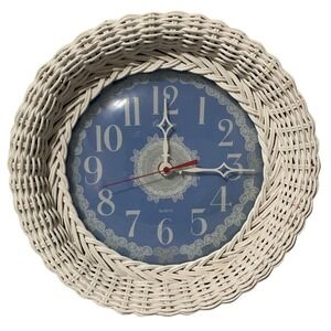 Cosmotime Retro Wicker Wall Clock Blue Lace Face Quartz Battery Operated Vintage